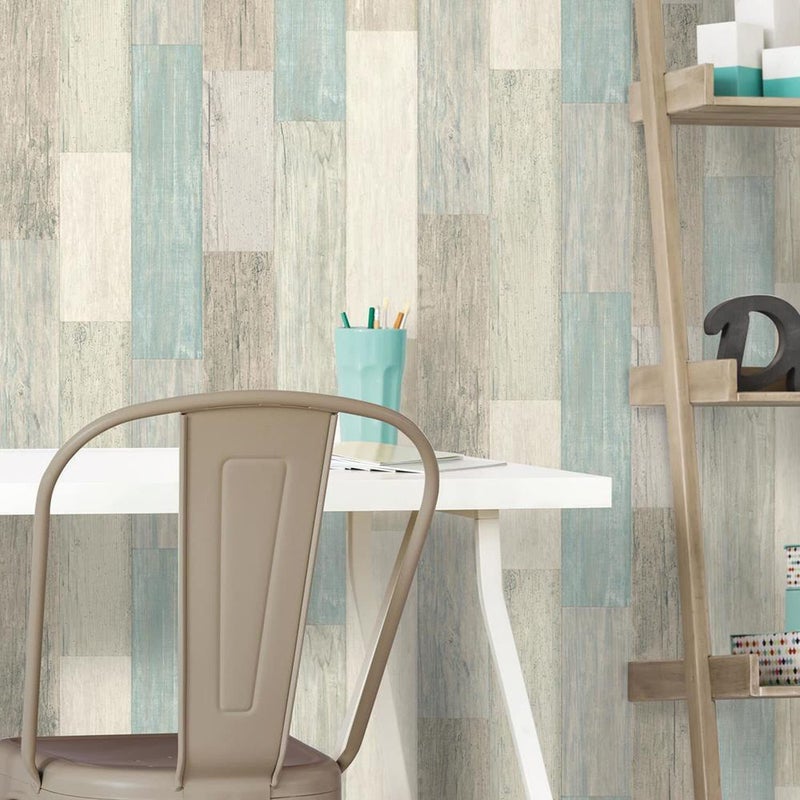 RoomMates RMK10840WP Coastal Weathered Plank Blue and Tan Peel and Stick Wallpaper 20.5" x 16.5 feet - Image 2